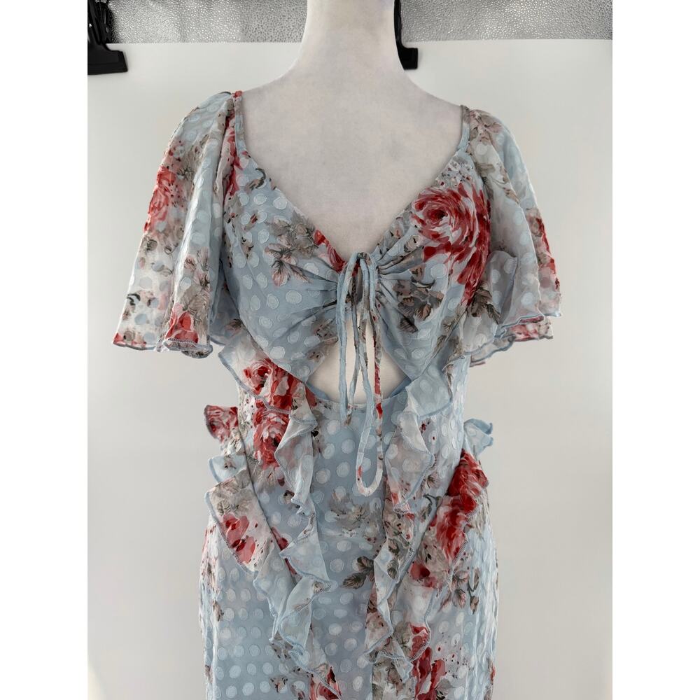 ASOS Blue Floral Ruffle Maxi Dress Cutout US 8 Fairy Coquette Garden Party - Picture 3 of 11